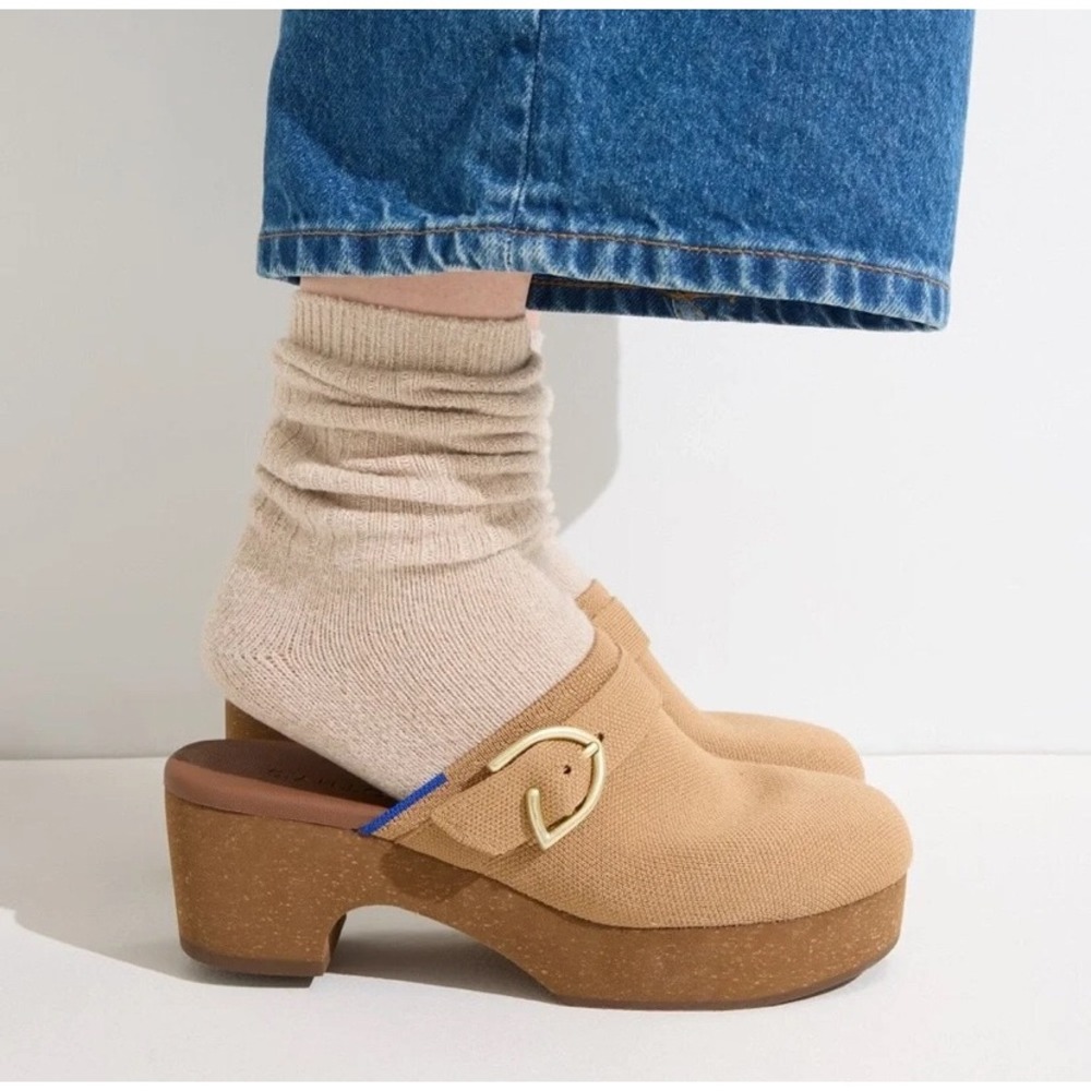 Rothys The Casual Clog Sesame Tan Knit Platform Buckle Shoes Womens 8.5